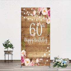 Lofaris Rustic Floral 60th Birthday Rectangle Backdrop for Women Pink Peony on Wood Background String Lights Party Decor