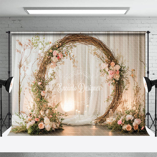 Lofaris Rustic Floral Arch Photography Backdrop Boho Twig Wreath for Wedding Romantic Engagement Photo Background