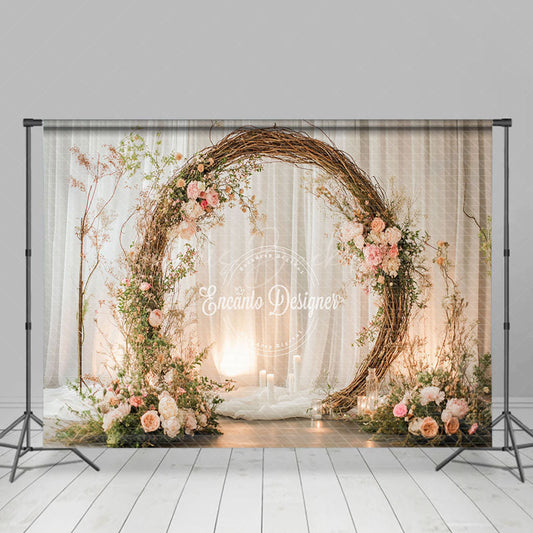 Lofaris Rustic Floral Arch Photography Backdrop Boho Twig Wreath for Wedding Romantic Engagement Photo Background
