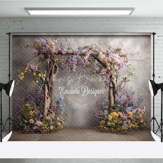 Lofaris Rustic Floral Arch Photography Backdrop Wooden Branches on Textured Wall Fine Art Painterly Photo Background