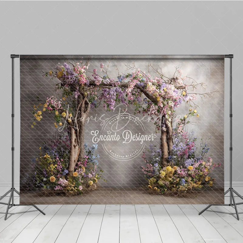 Lofaris Rustic Floral Arch Photography Backdrop Wooden Branches on Textured Wall Fine Art Painterly Photo Background