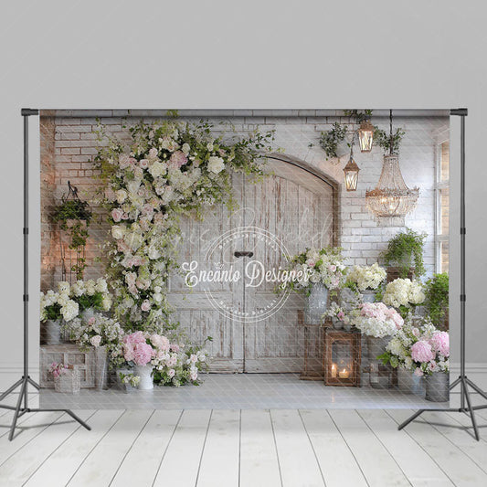 Lofaris Rustic Floral Door Photography Backdrop White Brick Wall with Greenery Farmhouse Wedding Photo Background