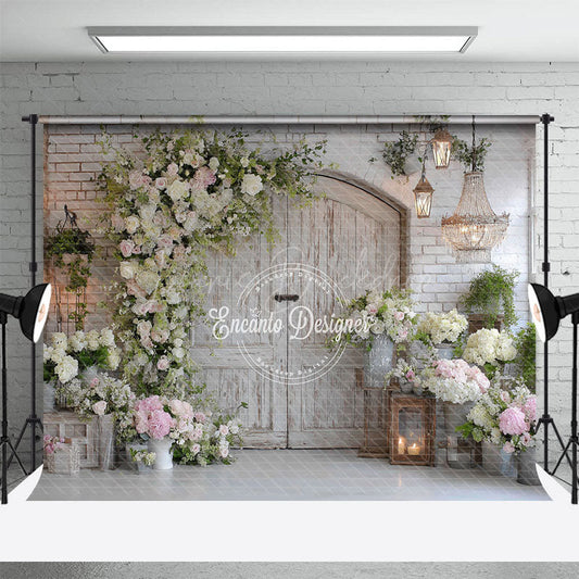 Lofaris Rustic Floral Door Photography Backdrop White Brick Wall with Greenery Farmhouse Wedding Photo Background
