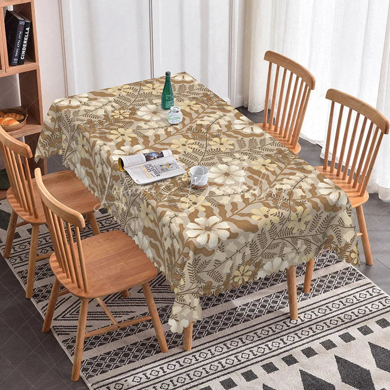 Lofaris Rustic Floral Rectangle Tablecloth Beige and Brown Botanical Print Elegant Farmhouse Kitchen Dining Decor