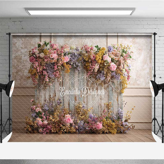Lofaris Rustic Floral Wall Photography Backdrop Vintage Wood Panels with Colorful Flowers Shabby Chic Wedding Prop