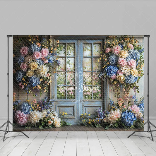 Lofaris Rustic Floral Wedding Backdrop Blue French Door with Garden View Pink Rose Hydrangea Photography Background for Bridal Shower