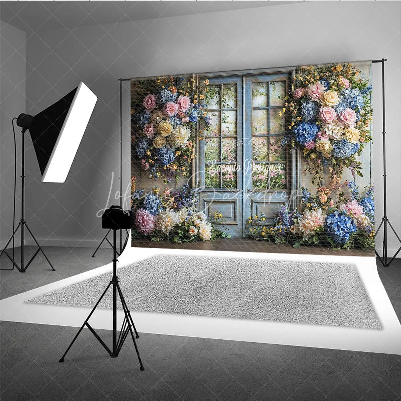 Lofaris Rustic Floral Wedding Backdrop Blue French Door with Garden View Pink Rose Hydrangea Photography Background for Bridal Shower