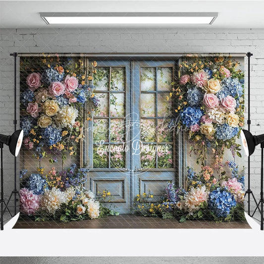 Lofaris Rustic Floral Wedding Backdrop Blue French Door with Garden View Pink Rose Hydrangea Photography Background for Bridal Shower