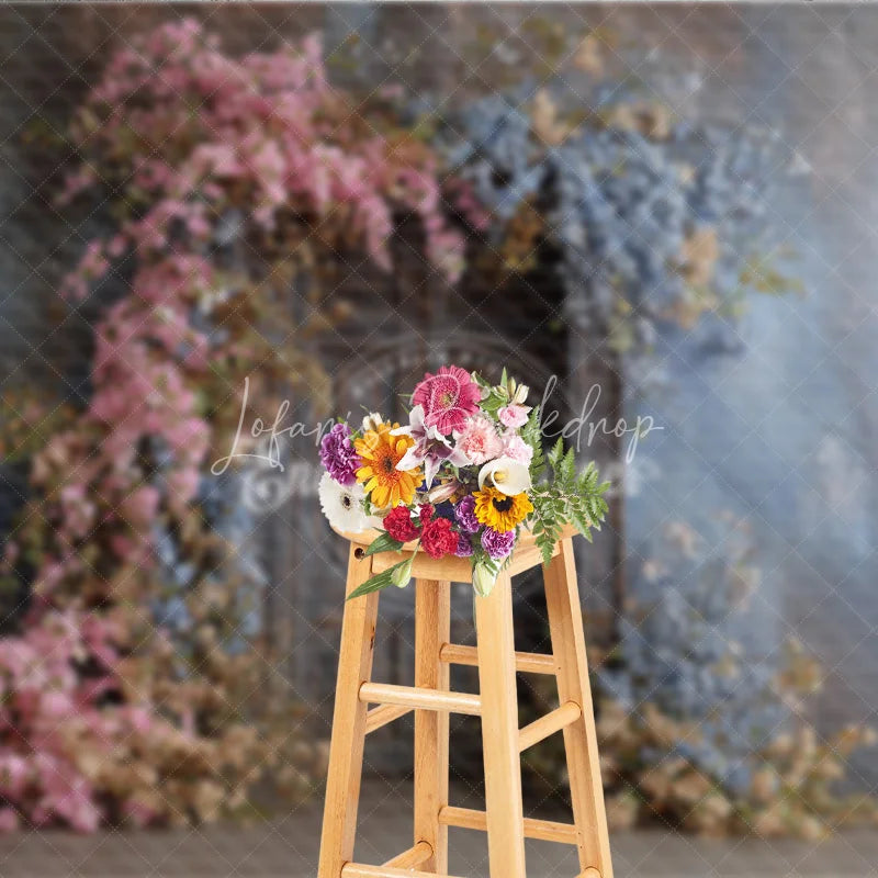 Lofaris Rustic Floral Wedding Backdrop Vintage Dark Wood Door Background Pink and Blue Blossoms Bridal Shower Photo Prop