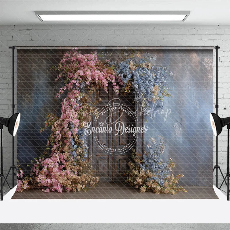 Lofaris Rustic Floral Wedding Backdrop Vintage Dark Wood Door Background Pink and Blue Blossoms Bridal Shower Photo Prop