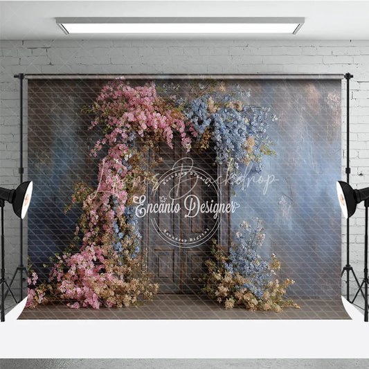 Lofaris Rustic Floral Wedding Backdrop Vintage Dark Wood Door Background Pink and Blue Blossoms Bridal Shower Photo Prop