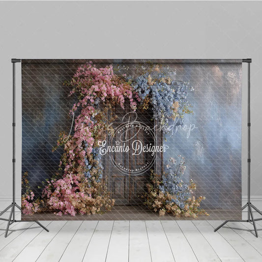 Lofaris Rustic Floral Wedding Backdrop Vintage Dark Wood Door Background Pink and Blue Blossoms Bridal Shower Photo Prop