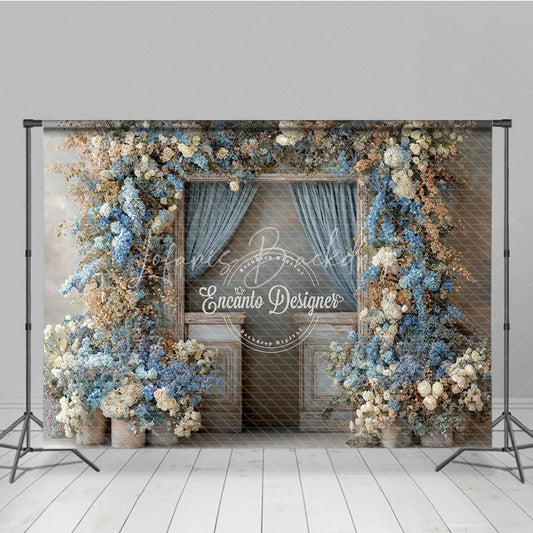 Lofaris Rustic Floral Wedding Backdrop Vintage Door with Blue Curtains and White Hydrangea Photography Prop