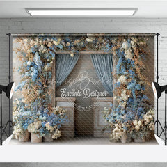 Lofaris Rustic Floral Wedding Backdrop Vintage Door with Blue Curtains and White Hydrangea Photography Prop