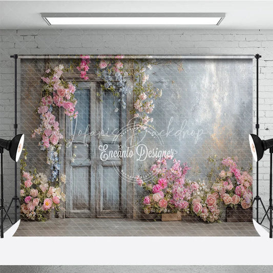 Lofaris Rustic Floral Wedding Backdrop Vintage Wooden Door Photo Background Pink Rose on Grey Wall Bridal Shower Decor