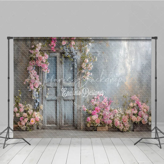 Lofaris Rustic Floral Wedding Backdrop Vintage Wooden Door Photo Background Pink Rose on Grey Wall Bridal Shower Decor