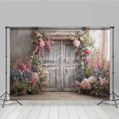 Lofaris Rustic Floral Wedding Backdrop White Barn Door Photo Background Pink and Blue Flowers for Bridal Shower Decor