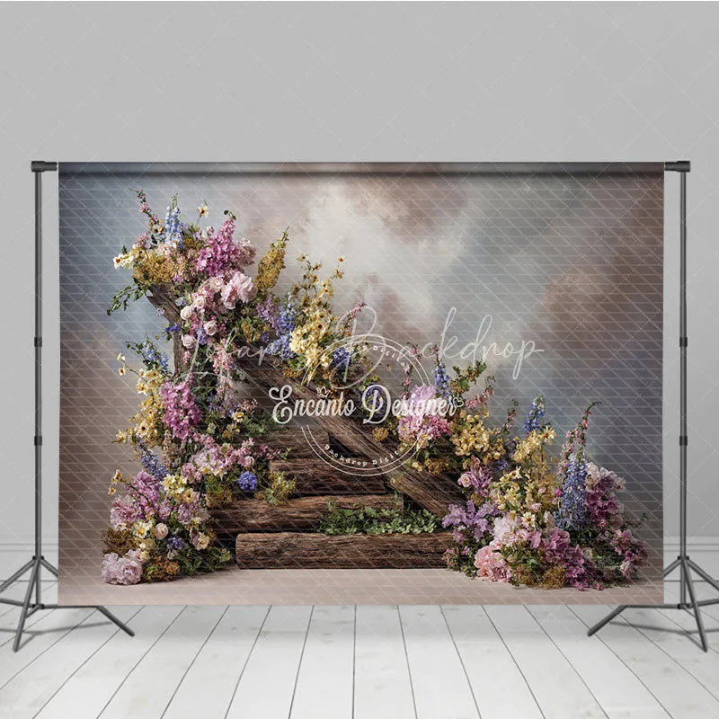 Lofaris Rustic Floral Woodland Backdrop Wooden Steps with Flowers Background Enchanted Forest Wedding Photo Props