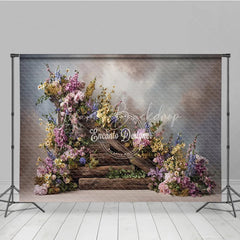 Lofaris Rustic Floral Woodland Backdrop Wooden Steps with Flowers Background Enchanted Forest Wedding Photo Props