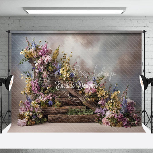 Lofaris Rustic Floral Woodland Backdrop Wooden Steps with Flowers Background Enchanted Forest Wedding Photo Props