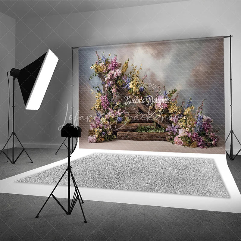 Lofaris Rustic Floral Woodland Backdrop Wooden Steps with Flowers Background Enchanted Forest Wedding Photo Props