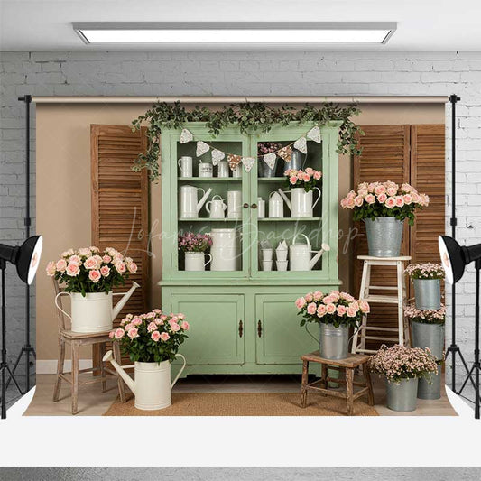 Lofaris Rustic Flower Market Photography Backdrop Sage Green Hutch with Pink Roses Farmhouse Style Spring Photo Prop