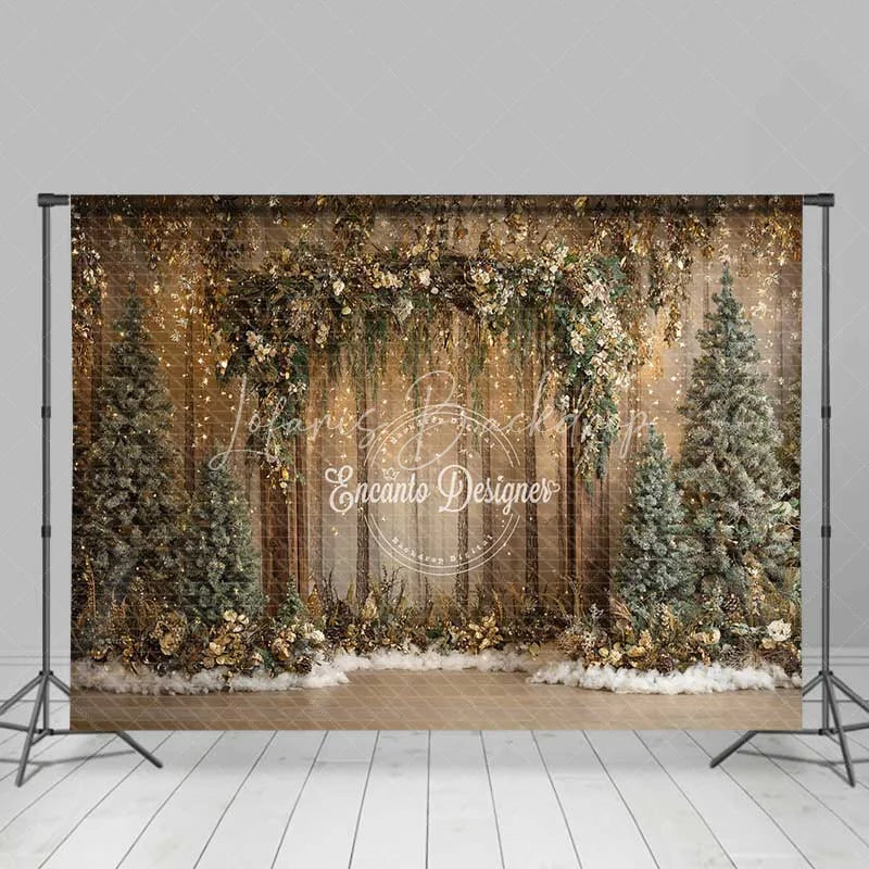 Lofaris Rustic Forest Light Backdrop Gold Sparkle Wood Arch Tree Photography Background