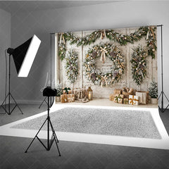 Lofaris Rustic Frosted Christmas Wreath and Garland Holiday Backdrop Elegant Winter Scene with Wrapped Gifts