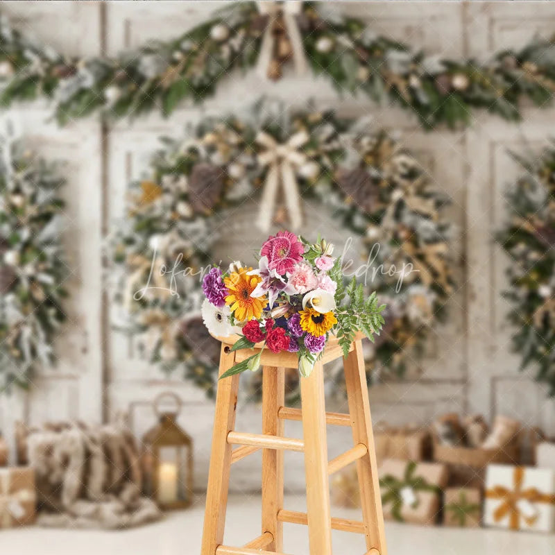 Lofaris Rustic Frosted Christmas Wreath and Garland Holiday Backdrop Elegant Winter Scene with Wrapped Gifts