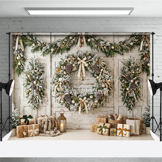 Lofaris Rustic Frosted Christmas Wreath and Garland Holiday Backdrop Elegant Winter Scene with Wrapped Gifts