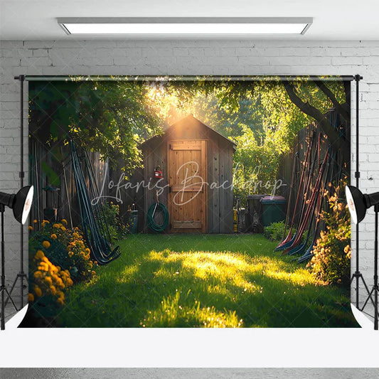 Lofaris Rustic Garden Shed Backdrop Wooden Tool House in Sunny Yard Spring Summer Nature Photography Background