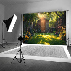 Lofaris Rustic Garden Shed Backdrop Wooden Tool House in Sunny Yard Spring Summer Nature Photography Background