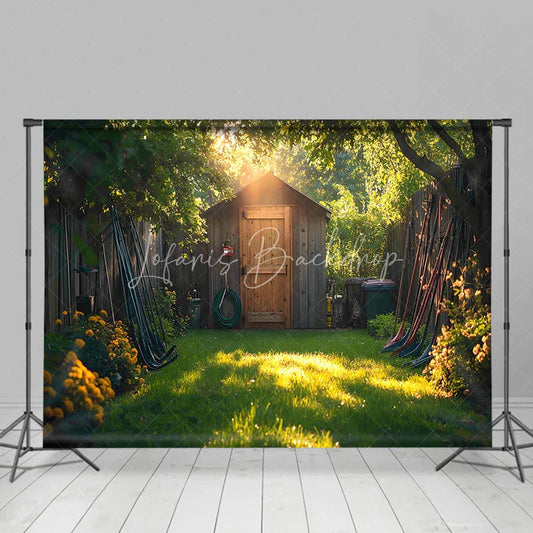 Lofaris Rustic Garden Shed Backdrop Wooden Tool House in Sunny Yard Spring Summer Nature Photography Background