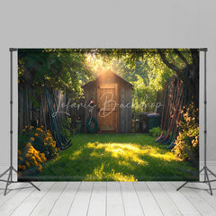 Lofaris Rustic Garden Shed Backdrop Wooden Tool House in Sunny Yard Spring Summer Nature Photography Background