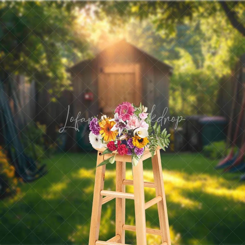 Lofaris Rustic Garden Shed Backdrop Wooden Tool House in Sunny Yard Spring Summer Nature Photography Background