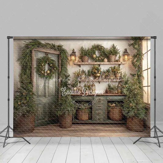 Lofaris Rustic Green Door Christmas Backdrop Vintage Potting Shed Shelf Photography Background
