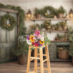 Lofaris Rustic Green Door Christmas Backdrop Vintage Potting Shed Shelf Photography Background