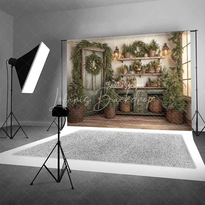 Lofaris Rustic Green Door Christmas Backdrop Vintage Potting Shed Shelf Photography Background
