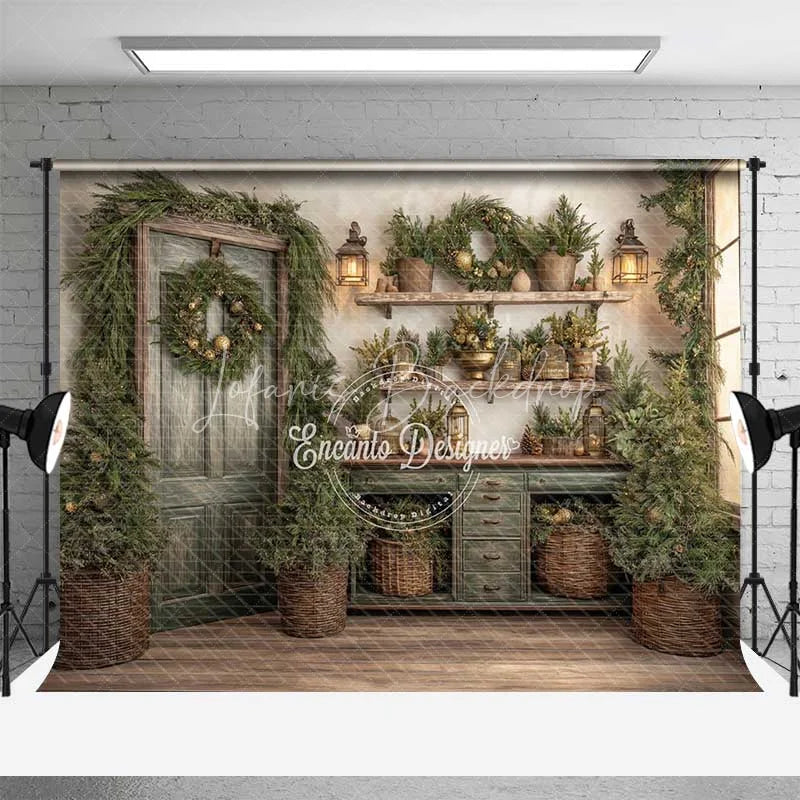 Lofaris Rustic Green Door Christmas Backdrop Vintage Potting Shed Shelf Photography Background