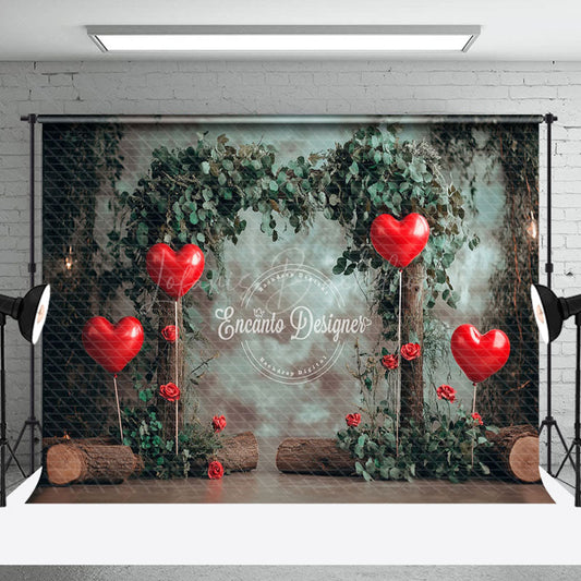 Lofaris Rustic Greenery Red Love Balloon Tree Stump Backdrop