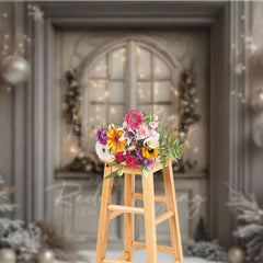 Lofaris Rustic Grey Door Christmas Photography Backdrop Flocked Trees and Snow Neutral Holiday Mini Session Background