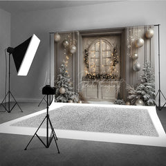 Lofaris Rustic Grey Door Christmas Photography Backdrop Flocked Trees and Snow Neutral Holiday Mini Session Background
