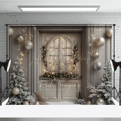 Lofaris Rustic Grey Door Christmas Photography Backdrop Flocked Trees and Snow Neutral Holiday Mini Session Background