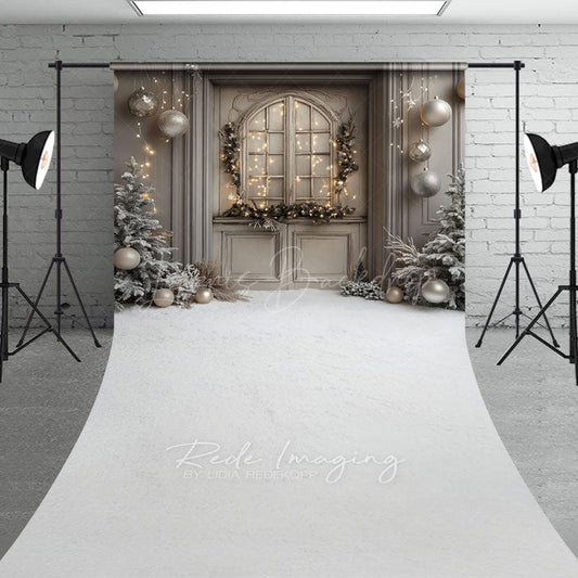 Lofaris Rustic Grey Door Christmas Sweep Backdrop Flocked Trees and Snow Neutral Holiday Mini Session Floor Drop