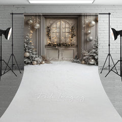 Lofaris Rustic Grey Door Christmas Sweep Backdrop Flocked Trees and Snow Neutral Holiday Mini Session Floor Drop