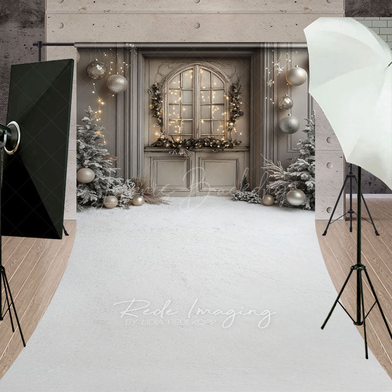 Lofaris Rustic Grey Door Christmas Sweep Backdrop Flocked Trees and Snow Neutral Holiday Mini Session Floor Drop
