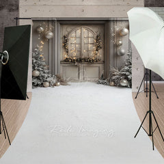 Lofaris Rustic Grey Door Christmas Sweep Backdrop Flocked Trees and Snow Neutral Holiday Mini Session Floor Drop
