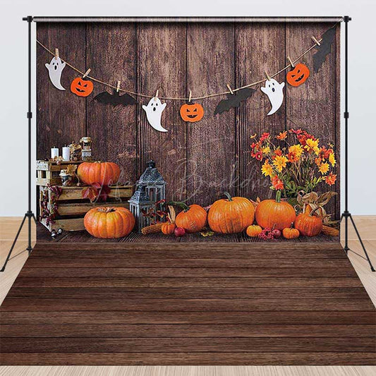Lofaris Rustic Halloween Pumpkin Combo Set Backdrop Wood Wall with Ghost Garland Fall Farmhouse Party Photos