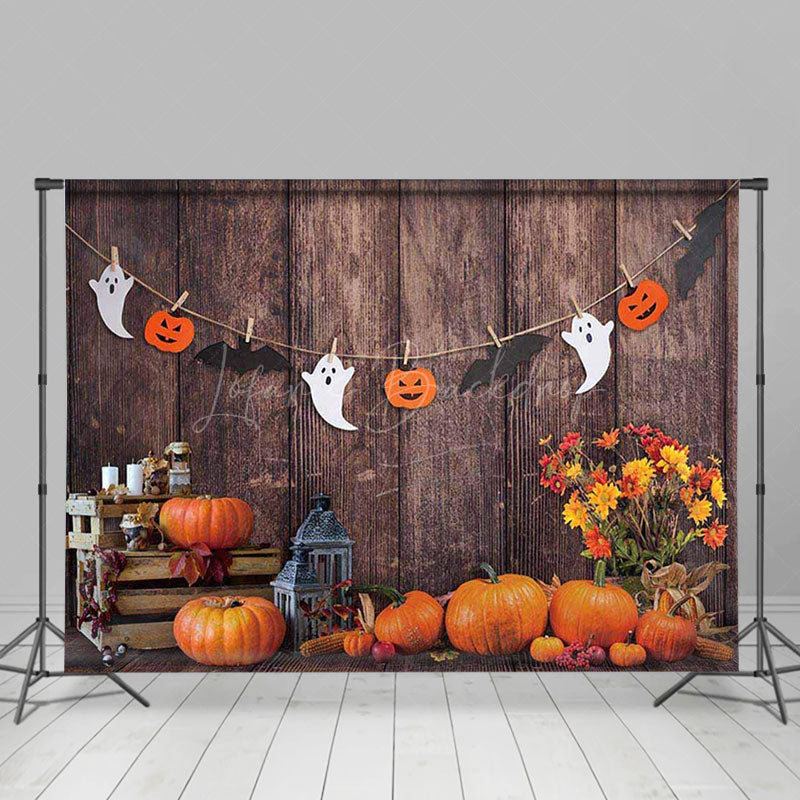 Lofaris Rustic Halloween Pumpkin Combo Set Backdrop Wood Wall with Ghost Garland Fall Farmhouse Party Photos