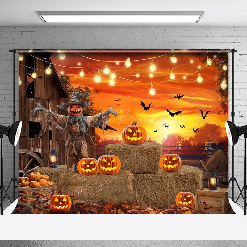 Lofaris Rustic Halloween Scarecrow Backdrop Pumpkin Patch at the Barn with String Lights Fall Harvest Party Decor